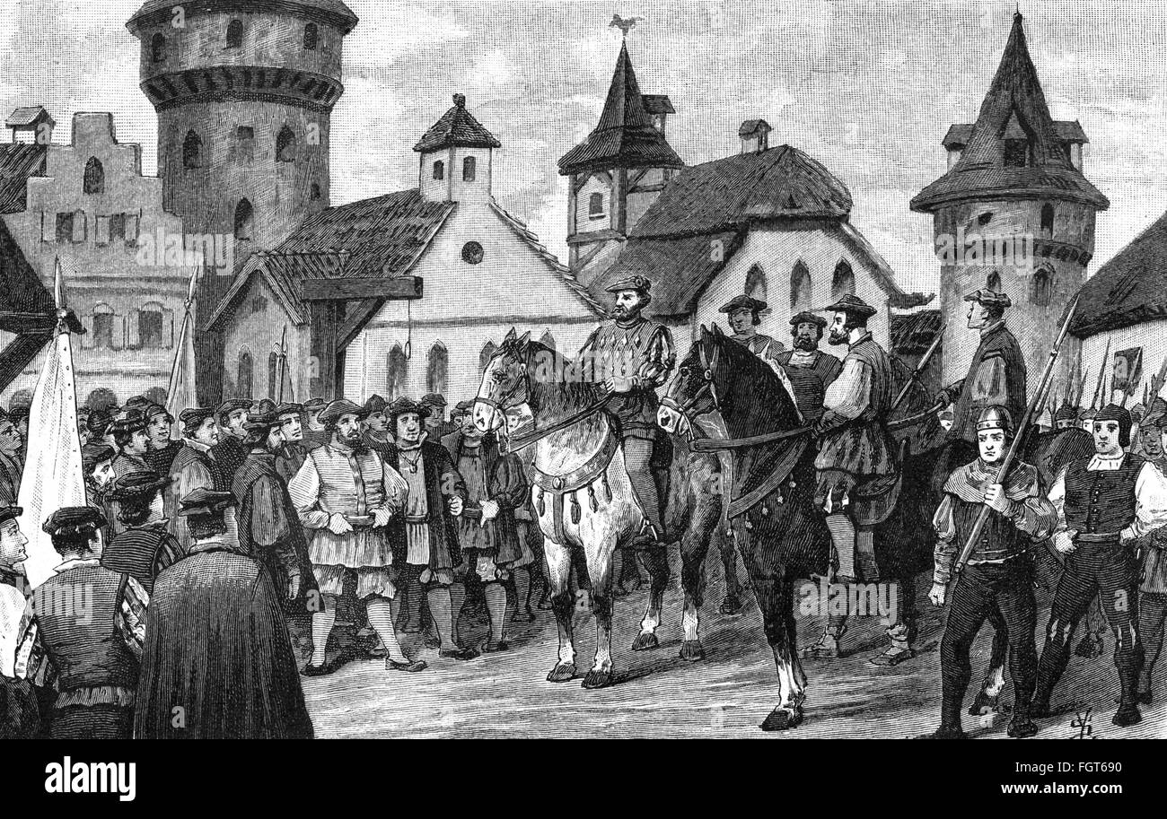 German peasants' revolt 1524 - 1526, Florian Geyer in Rothenburg ob der Tauber, June 1525, wood engraving by Victor Schivert and D. E. Tau, 1891, nobility, imperial knight, knight, knights, peasant uprising, war, wars, riot, riots, city, Imperial City, citizen, citizens, Franconia, Germany, Holy Roman Empire, HRE, 16th century, fine arts, art, 19th century, crowd, crowds, crowds of people, historic, historical, Additional-Rights-Clearences-Not Available Stock Photo