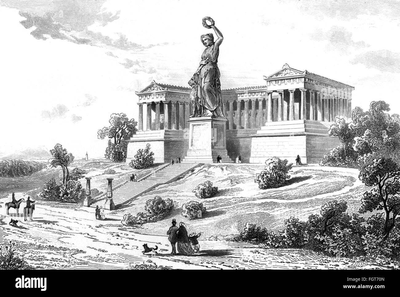 geography / travel, Germany, Munich, monuments, Ruhmeshalle (hall of fame) with Bavaria, built 1843 - 1853, architect: Leo von Klenze, sculpture by Johann Baptist Stiglmaier and Ferdinand von Miller, 1850, exterior view, lithograph, 19th century, Patrona Bavariae, personification, architecture, fine arts, art, classicism, ancient temple, city, Kingdom of Bavaria, people, monuments, monument, sculpture, sculptures, historic, historical, Additional-Rights-Clearences-Not Available Stock Photo