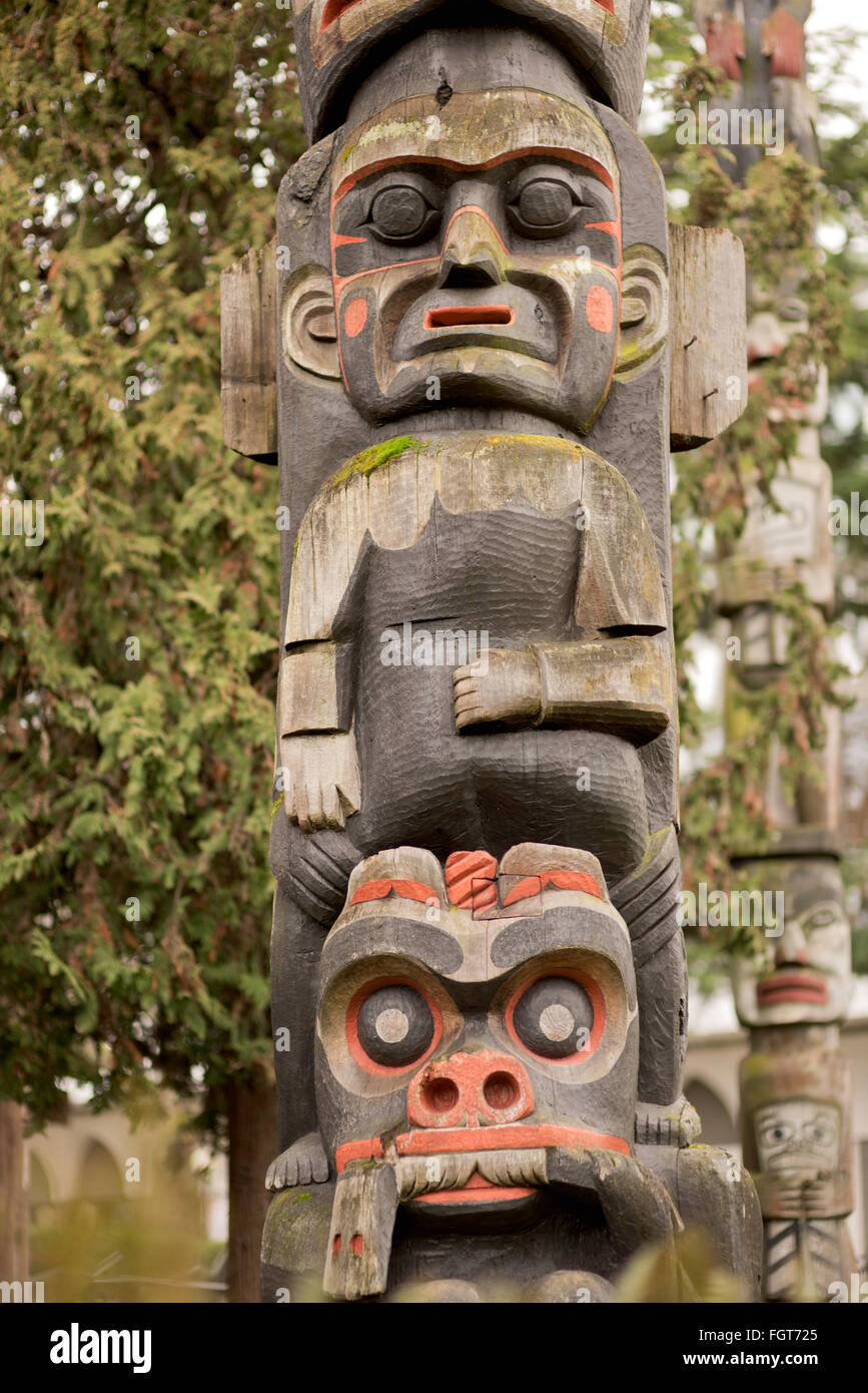 Middle section view of Totem pole,Thunder bird park Stock Photo