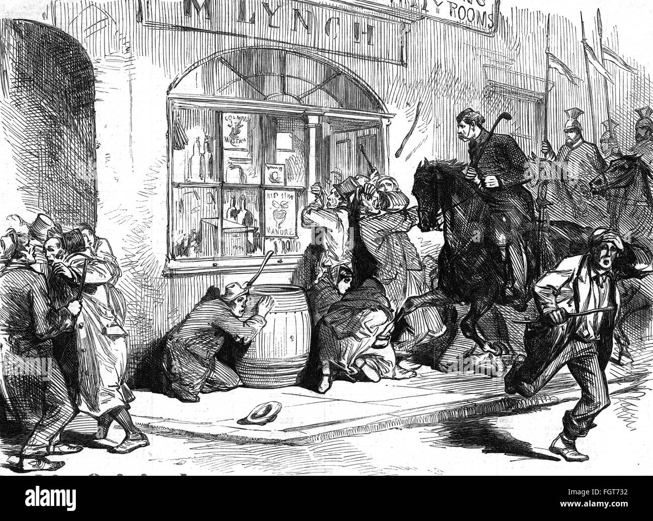 politics, elections, Great Britain, 1870, bye-election for the British parliament in the constituency of Longford, Ireland, riot, lancers are clearing the street in Granard, wood engraving, 'The Illustrated London News', 26.5.1870, Additional-Rights-Clearences-Not Available Stock Photo