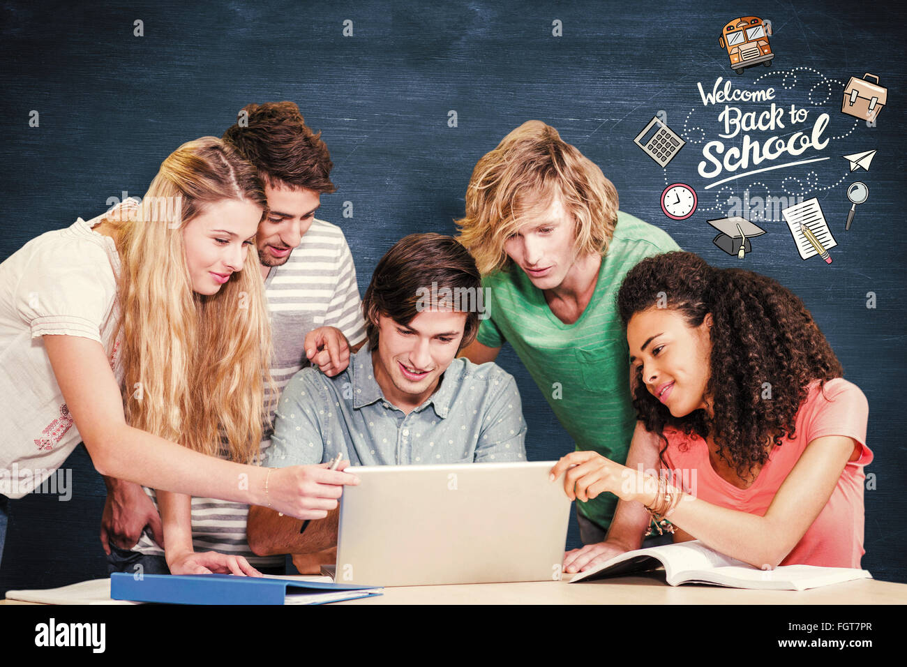 Composite image of college students using laptop in library Stock Photo ...