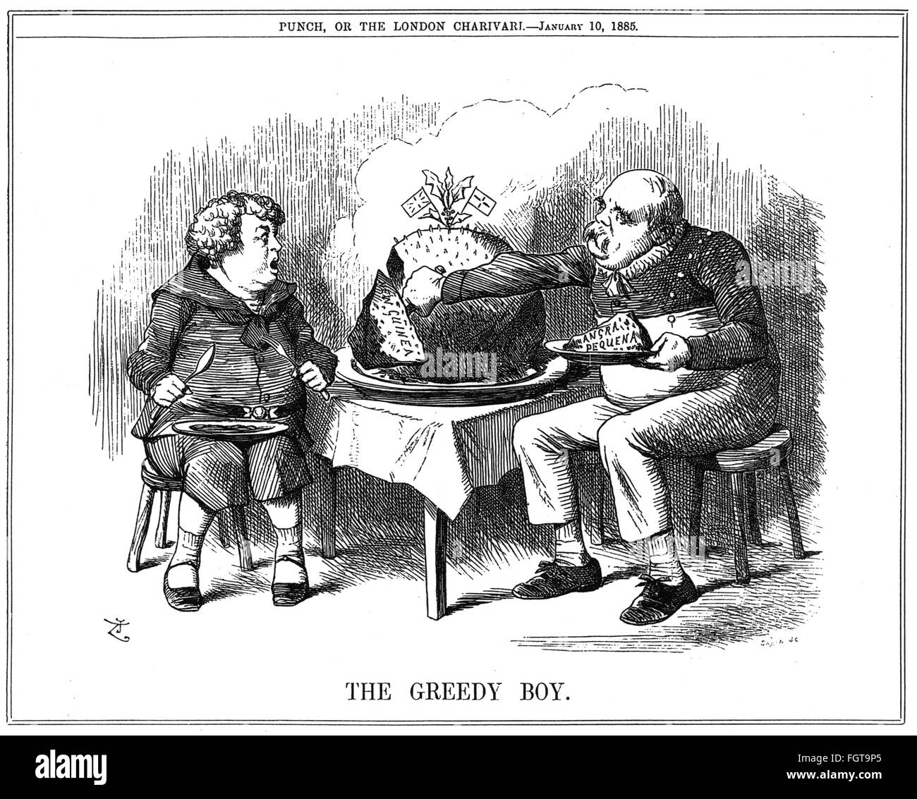 politics, colonial policy, caricature, Bismarck is cutting off a further piece of the big cake, John Bull is watching startled, 'The greedy boy', drawing, 'Punch', London, 10.1.1885, Additional-Rights-Clearences-Not Available Stock Photo