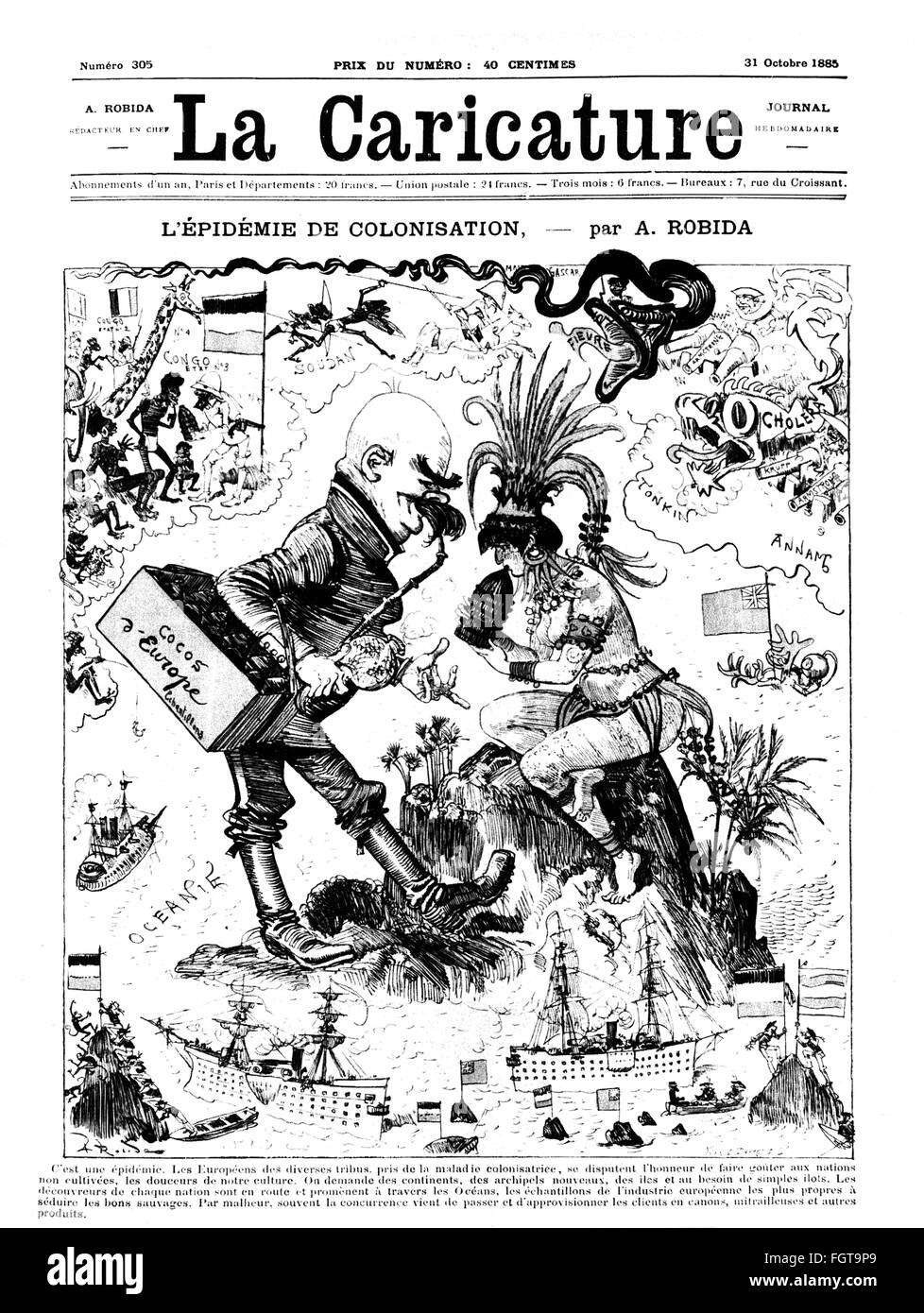 politics, colonial policy, caricature, 'The colonisation epidemic', drawing by Albert Robida, 'La Caricature', cover, Paris, 31.10.1885, Additional-Rights-Clearences-Not Available Stock Photo