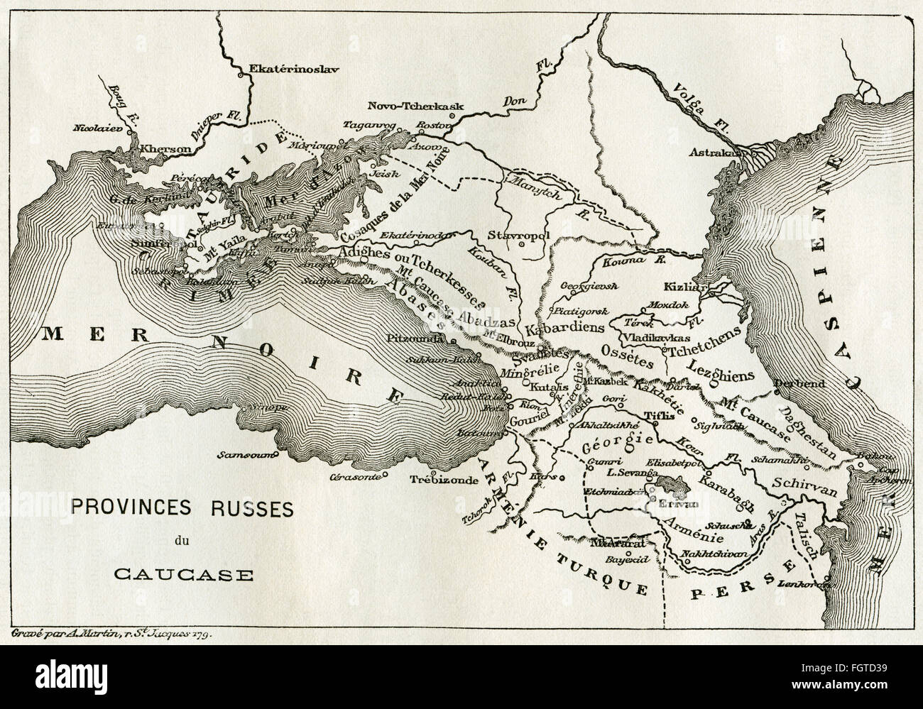 cartography, map of the region between the Black Sea and the Caspian Sea : Ukraine, Crimea, Russia, Georgia, Armenia, Azerbaijan, from an book or newspaper of the 19th century, engraved by A. Martin, Additional-Rights-Clearences-Not Available Stock Photo