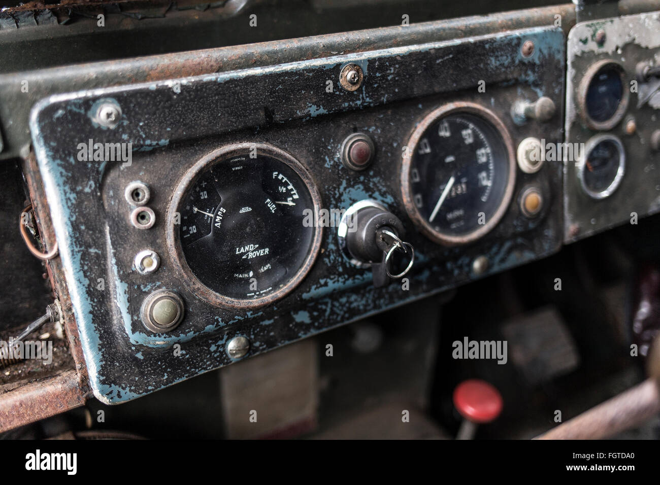 old land rover dashboard,automotive, rare, veteran, aged, green, race, landrover, restored, history, tires, old-timer, old, rall Stock Photo