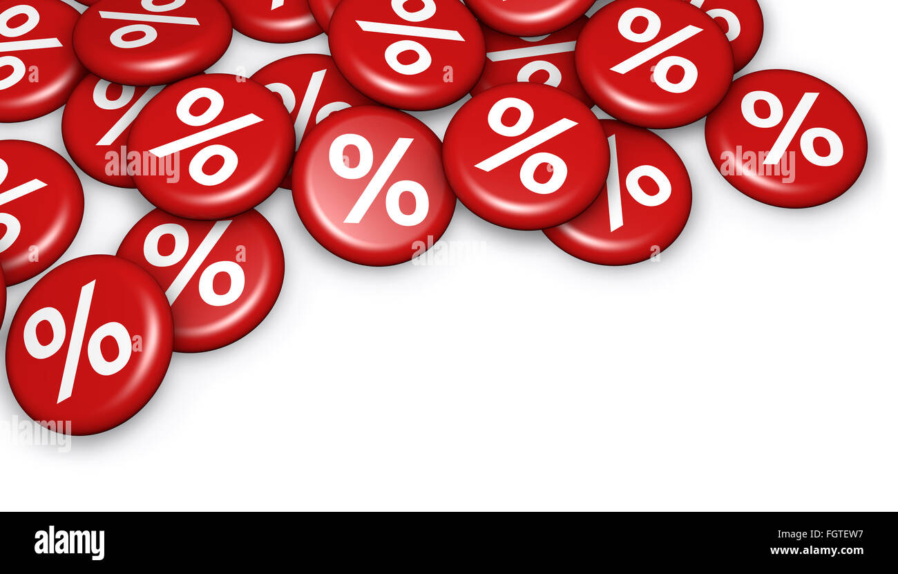 Shopping sale, reduction, discount and promo concept with red badges and percent symbol 3d illustration on white background. Stock Photo