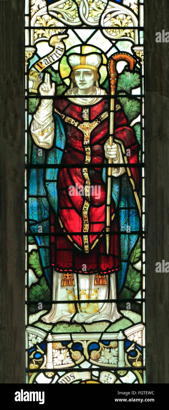St. Patrick, patron Saint of Ireland, stained glass window by J. Powell & son, 1900,  Blakeney, Norfolk, England UK saints saint Stock Photo
