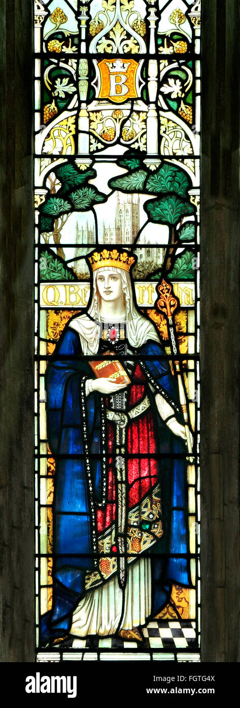 Queen Bertha of Kent, stained glass window by J. Powell & Son, 1900,  Blakeney, Norfolk England UK Saxon queens queen Stock Photo