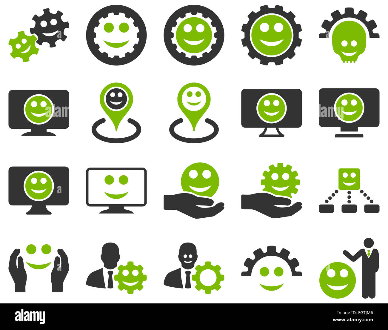 Tools, gears, smiles, map markers icons Stock Photo - Alamy