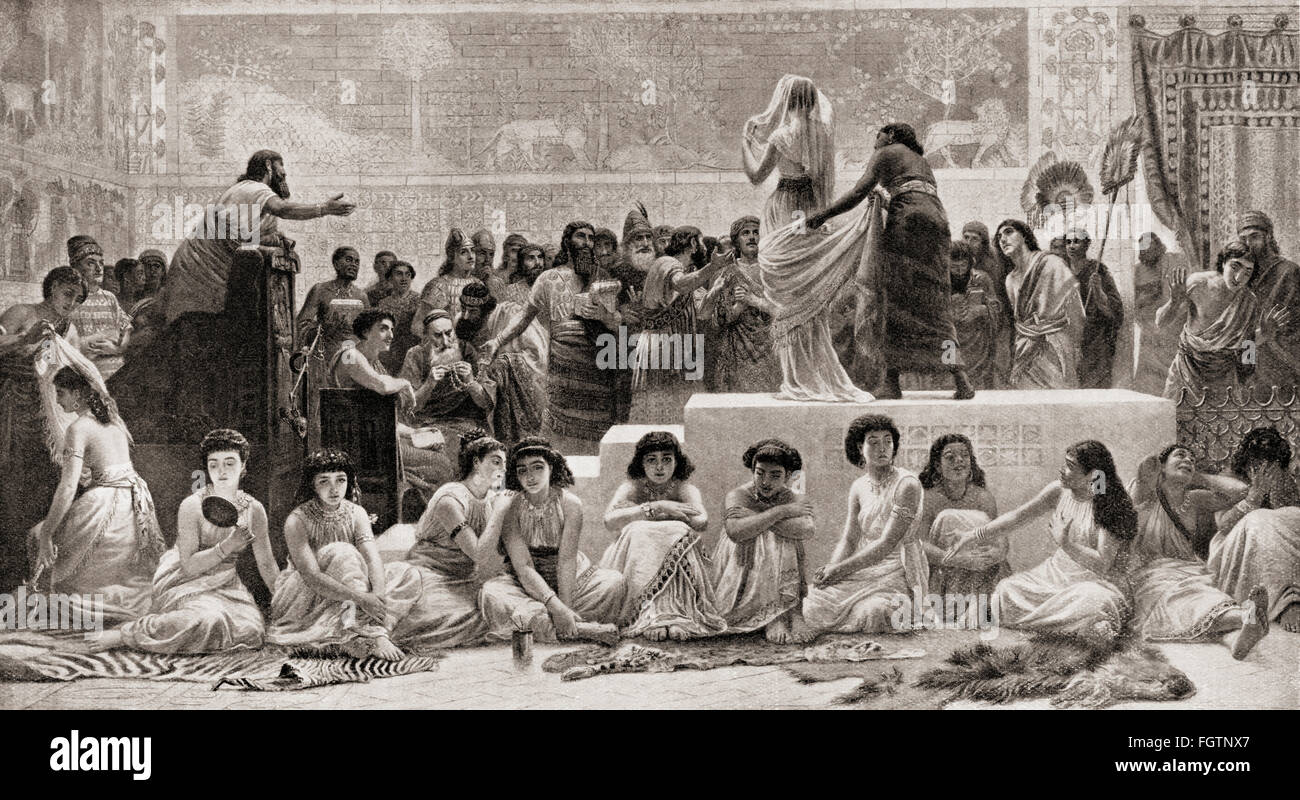 The sale of female slaves in Babylon in the 18th century BC. Stock Photo