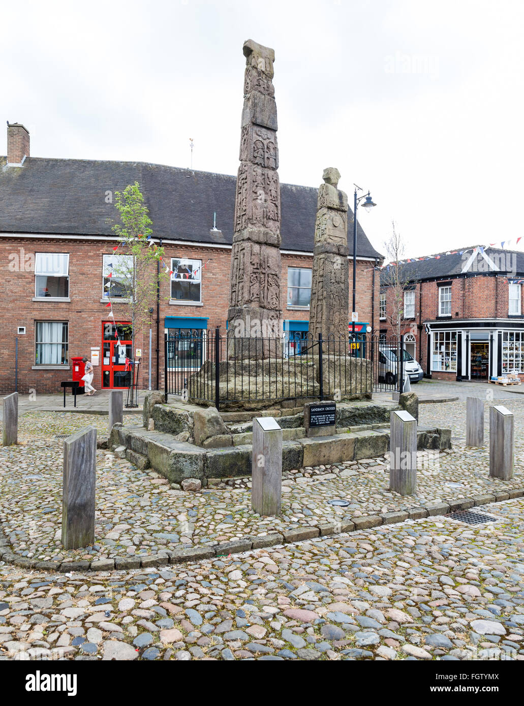 The Sandbach Crosses are two 9th-century stone Anglo-Saxon crosses in the market place Sandbach Cheshire England UK Stock Photo