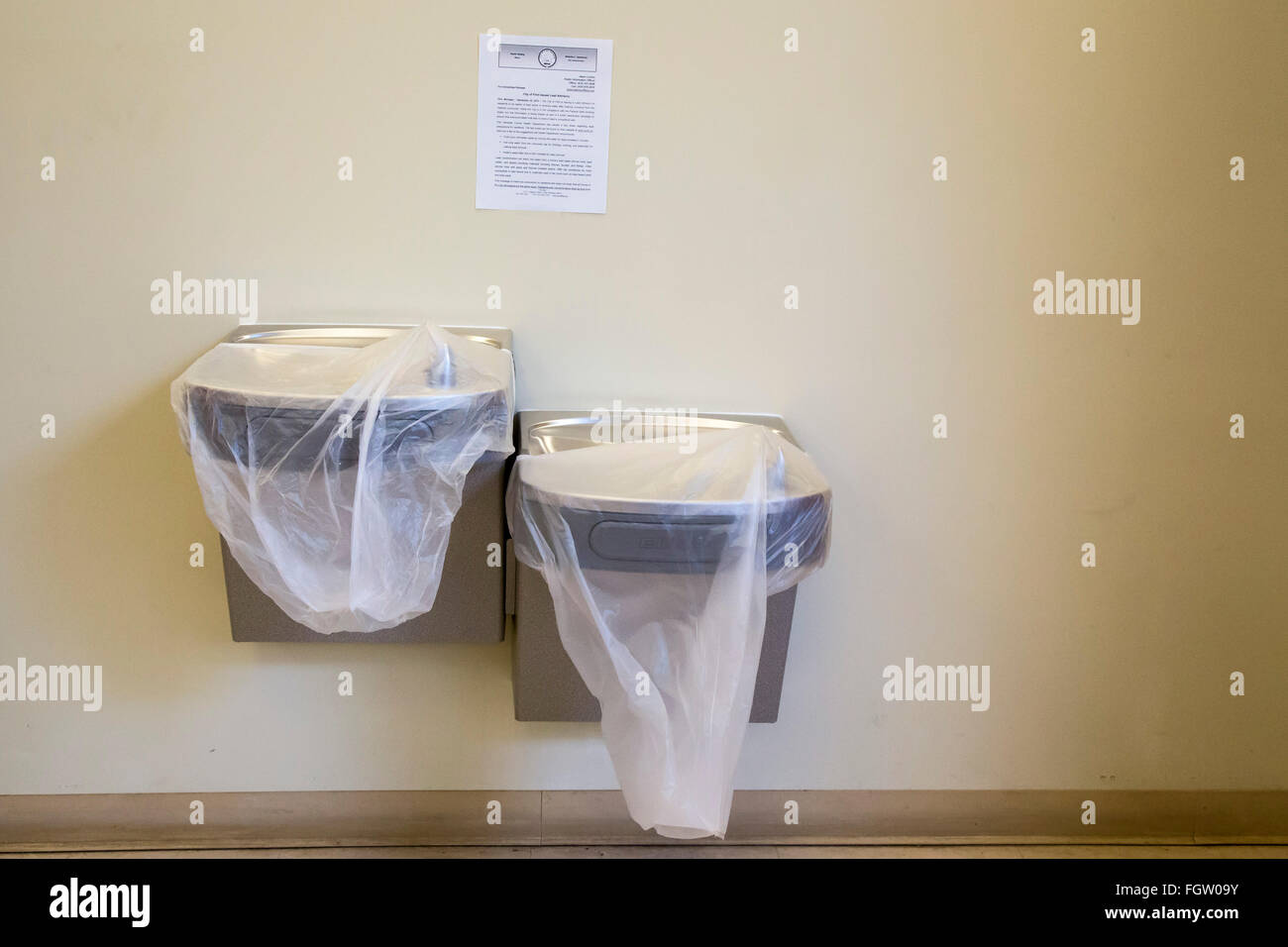 Flint, Michigan - Covered water fountains in the state office building. Stock Photo