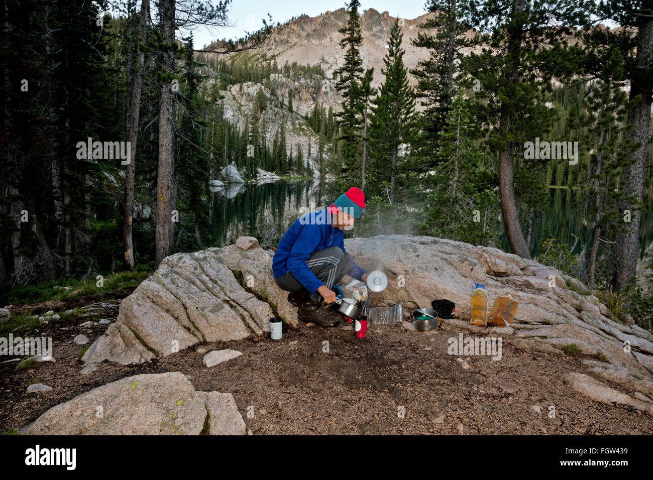 ID00333-00...IDAHO - Cooking breakfast at Alpine Lake campsite in the Sawtooth Wilderness Area. Stock Photo