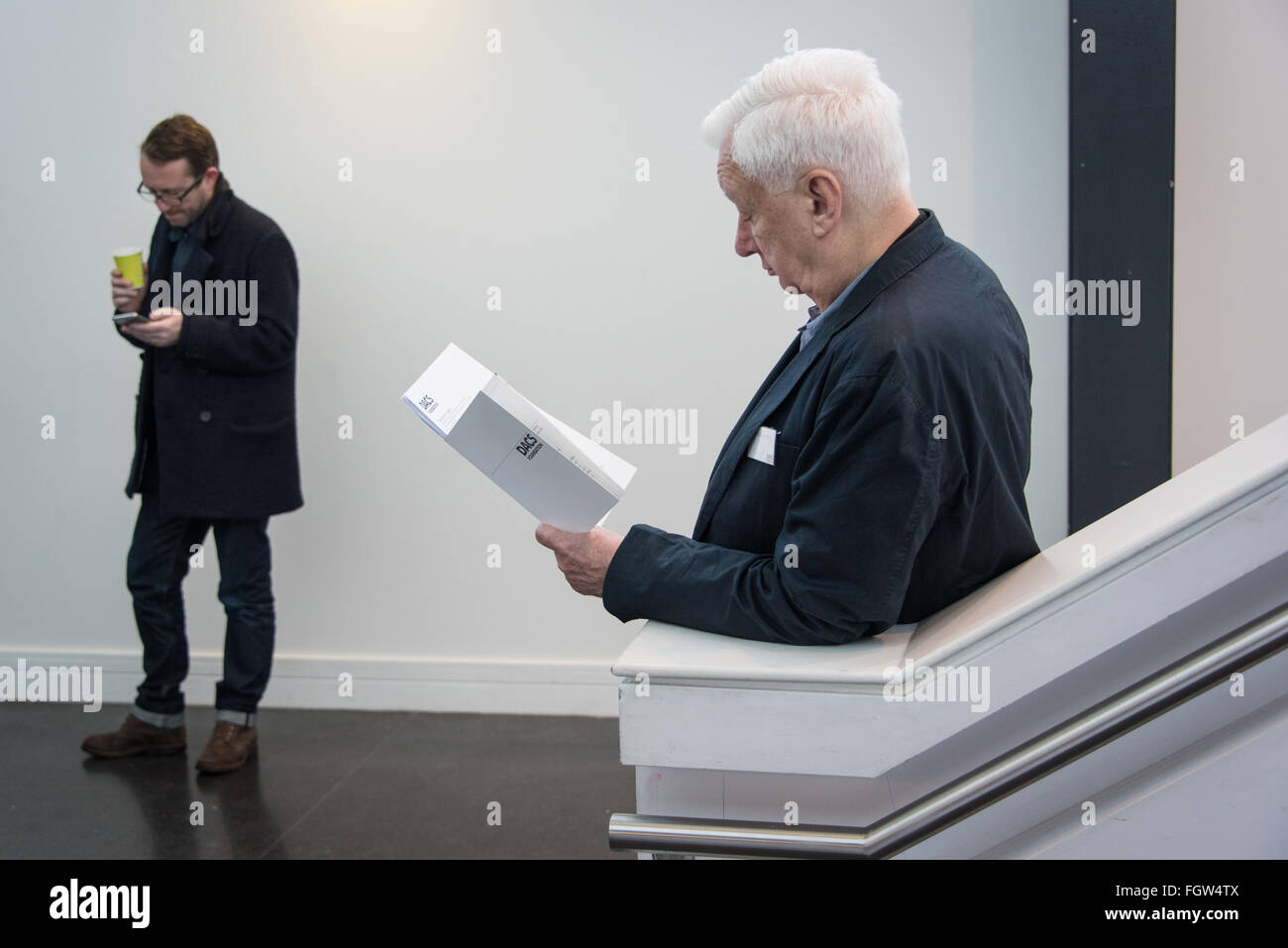 Artist Michael Craig-Martin at Goldsmiths college reading a programme of events for a DACS conference Stock Photo