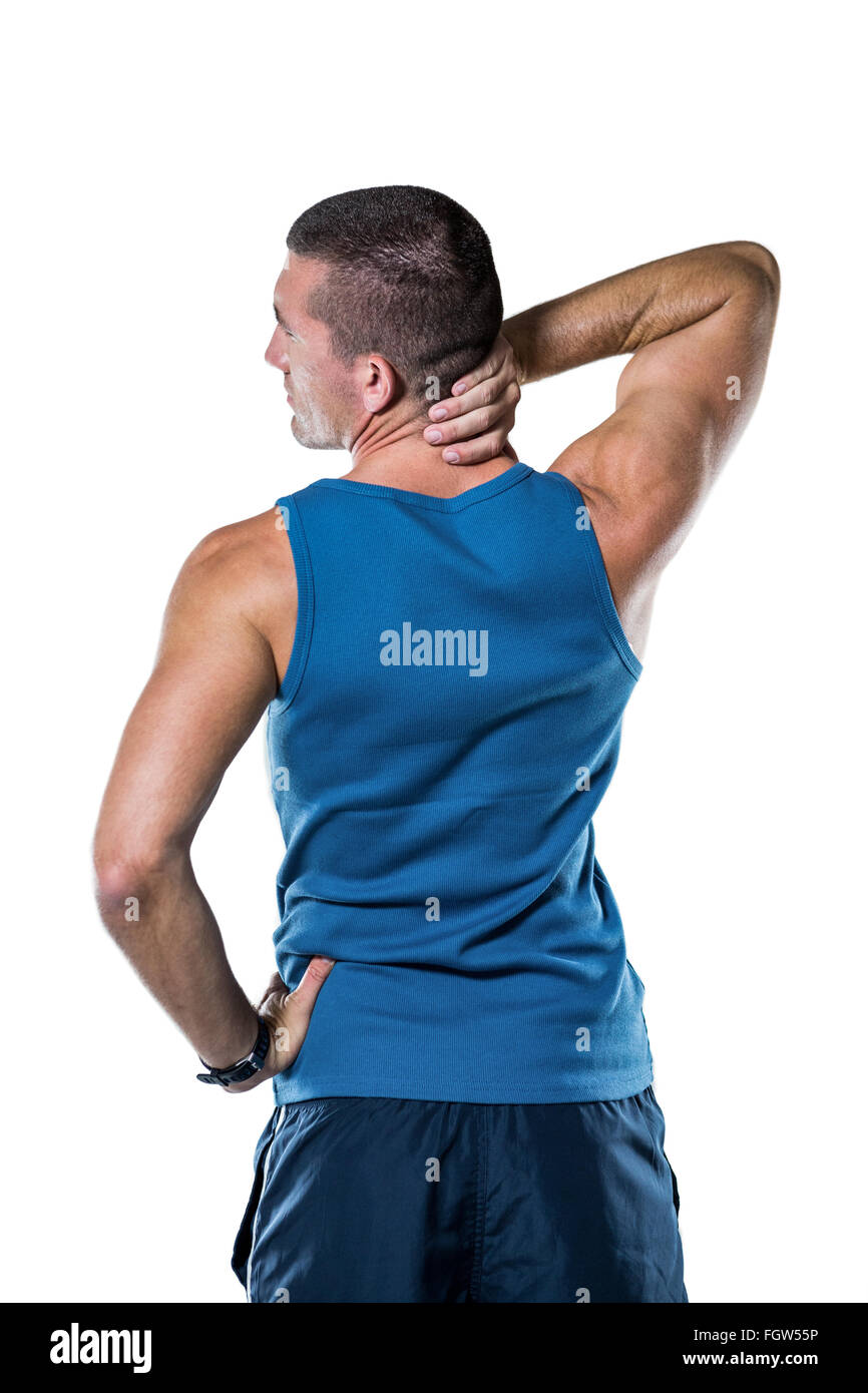 Rear view of man with neck pain Stock Photo Alamy