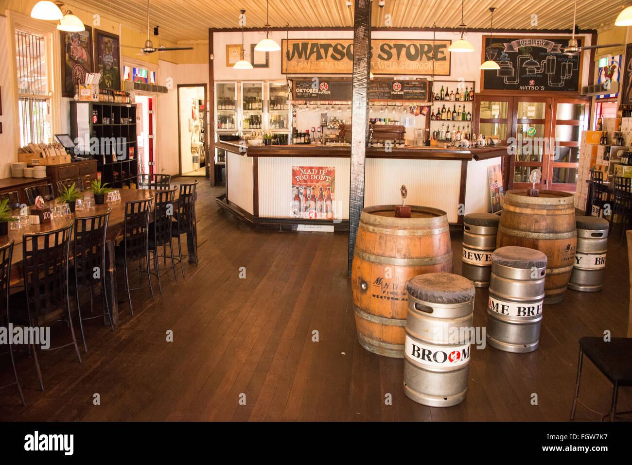 Interior of Metso's bar and restaurant on Hamersley St, produces its own beer in Broome, a coastal, pearling and tourist town in Stock Photo