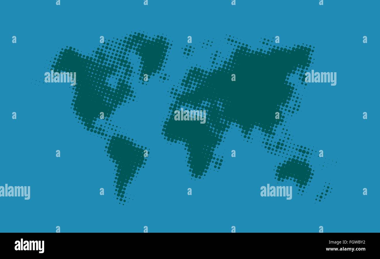 Green halftone political world map Illustration on a blue backhround. Stock Vector