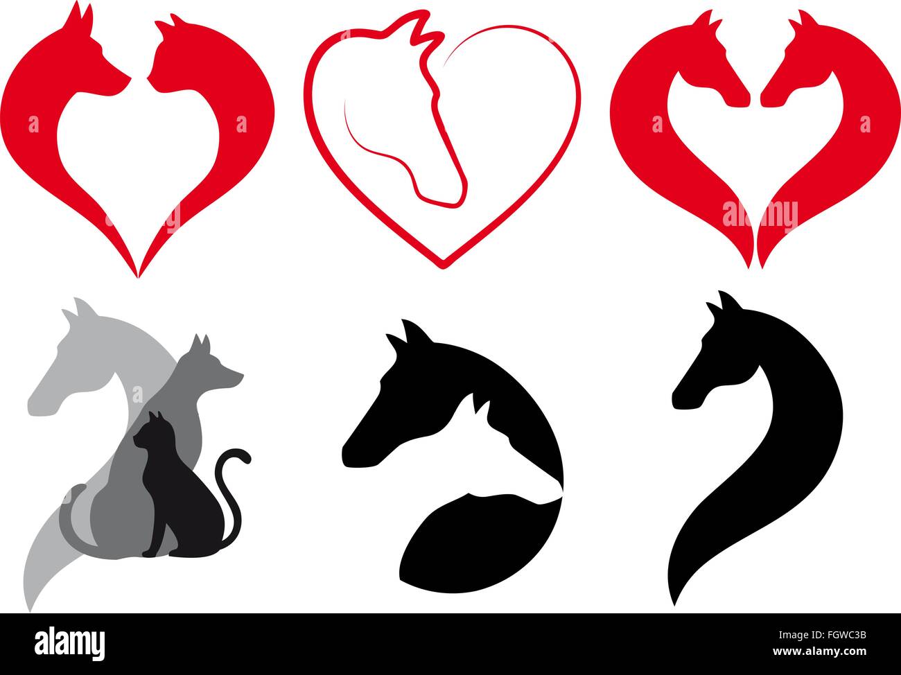 Cat, dog, horse heart icons, animal love logo designs, vector set Stock Vector