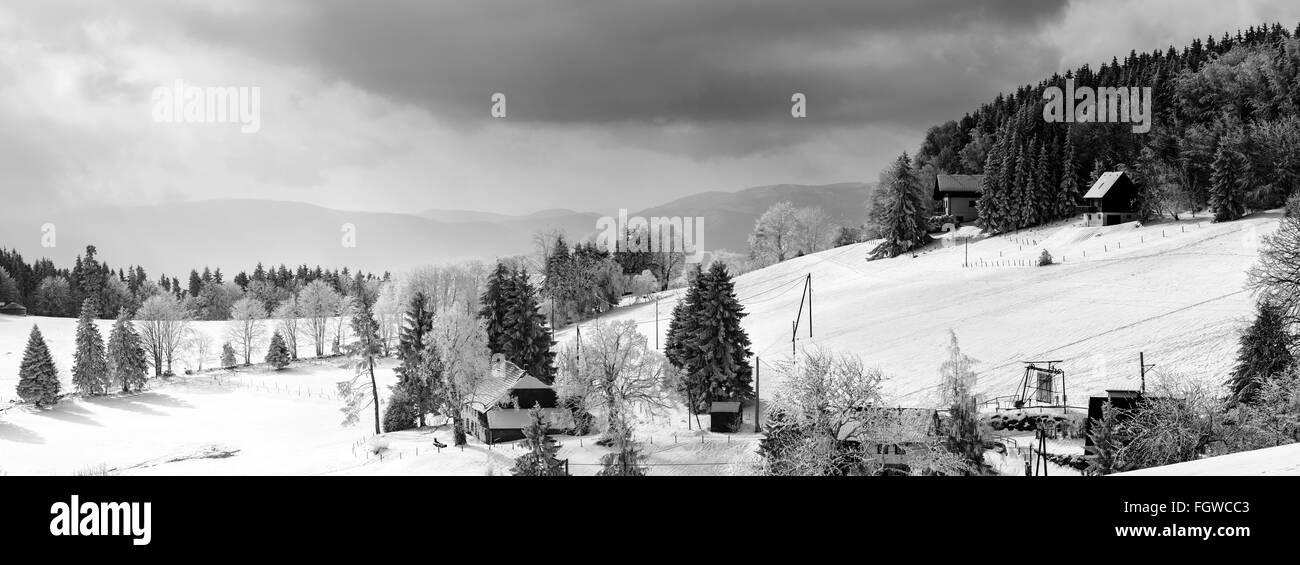 Snow-covered hills wide panoramic view, space and freedom Stock Photo