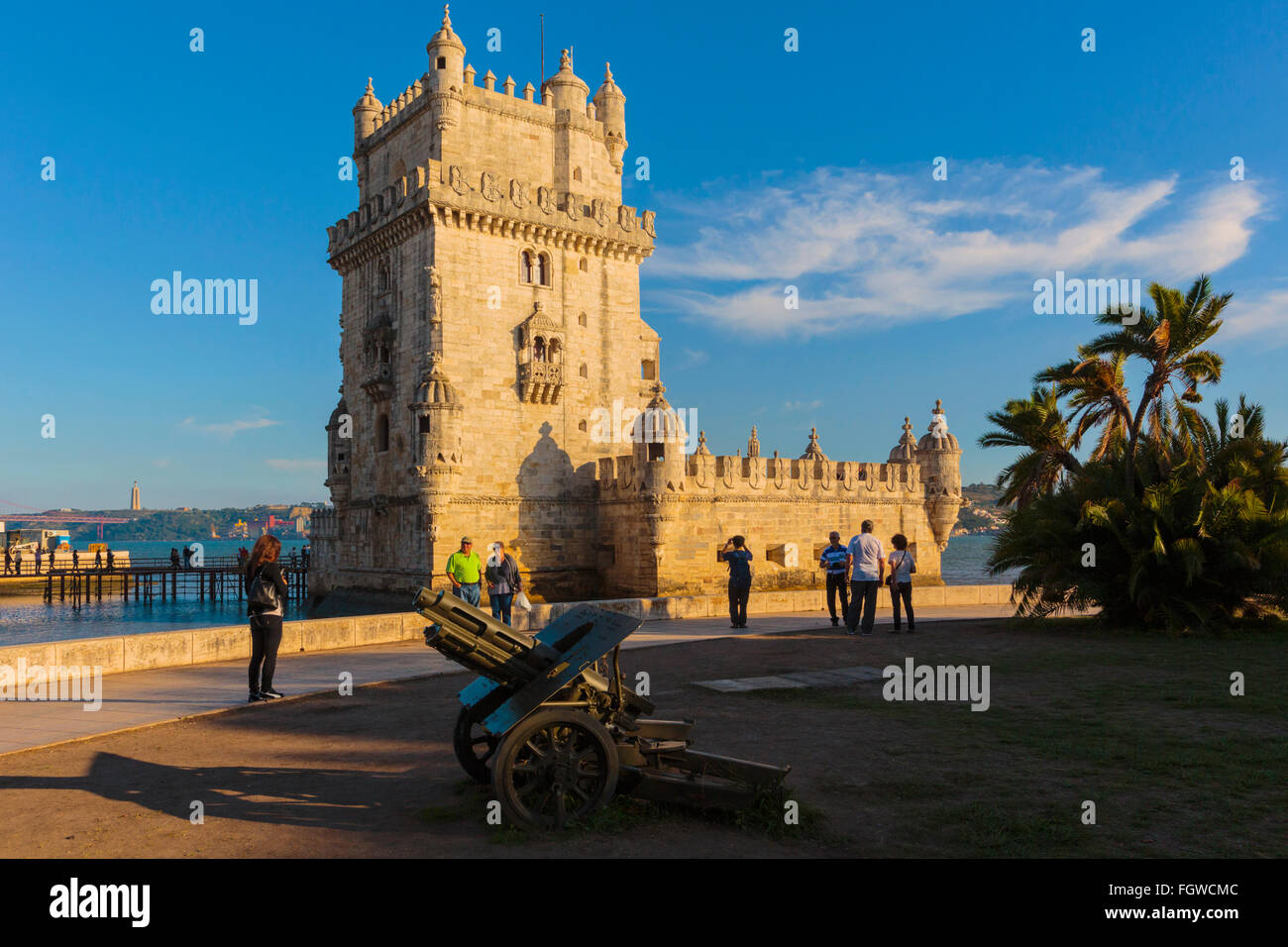 Lisbon, Portugal.  The 16th century Torre de Belem.  The tower is an important example of Manueline architecture Stock Photo