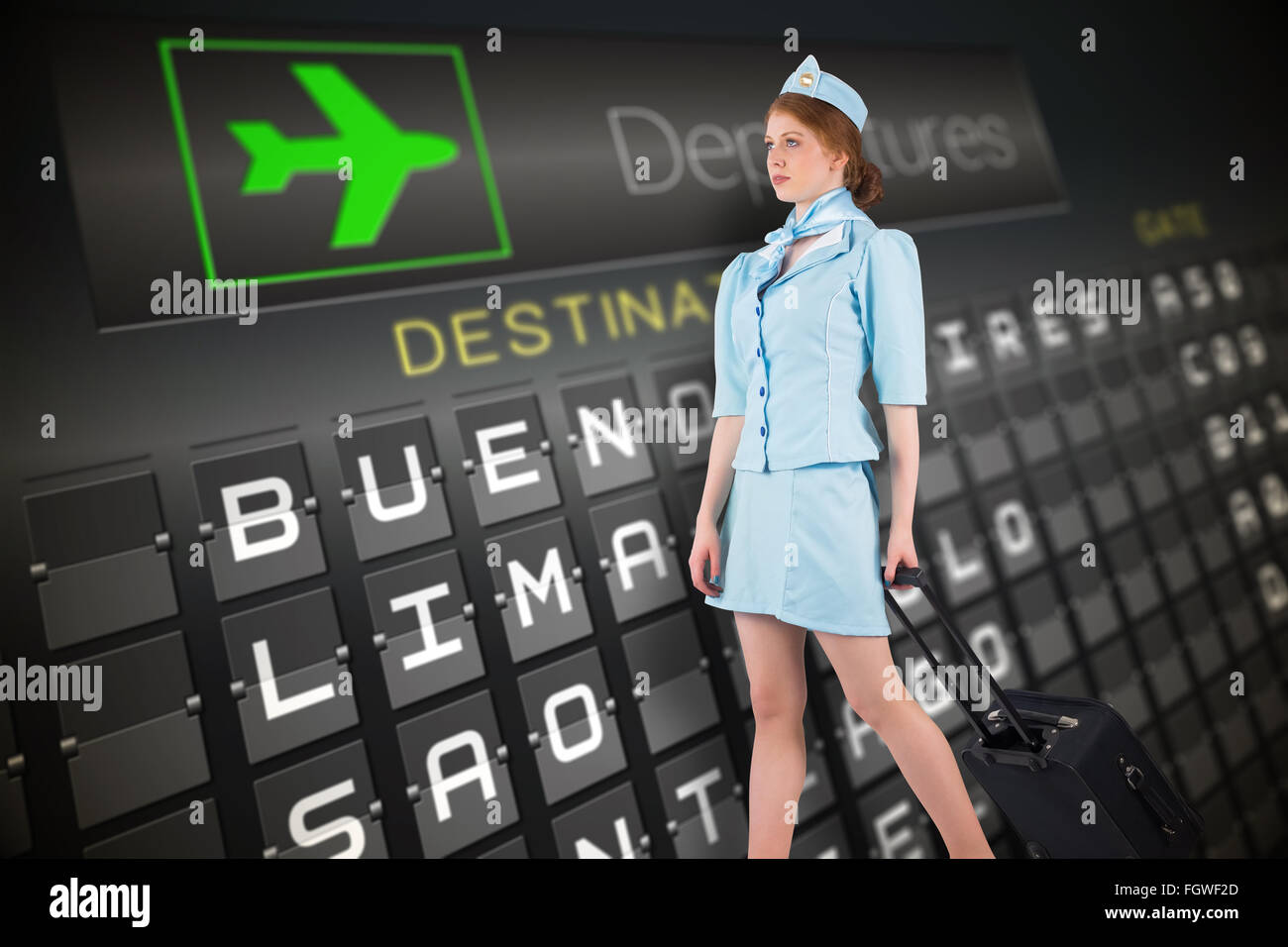 Composite image of pretty air hostess pulling suitcase Stock Photo