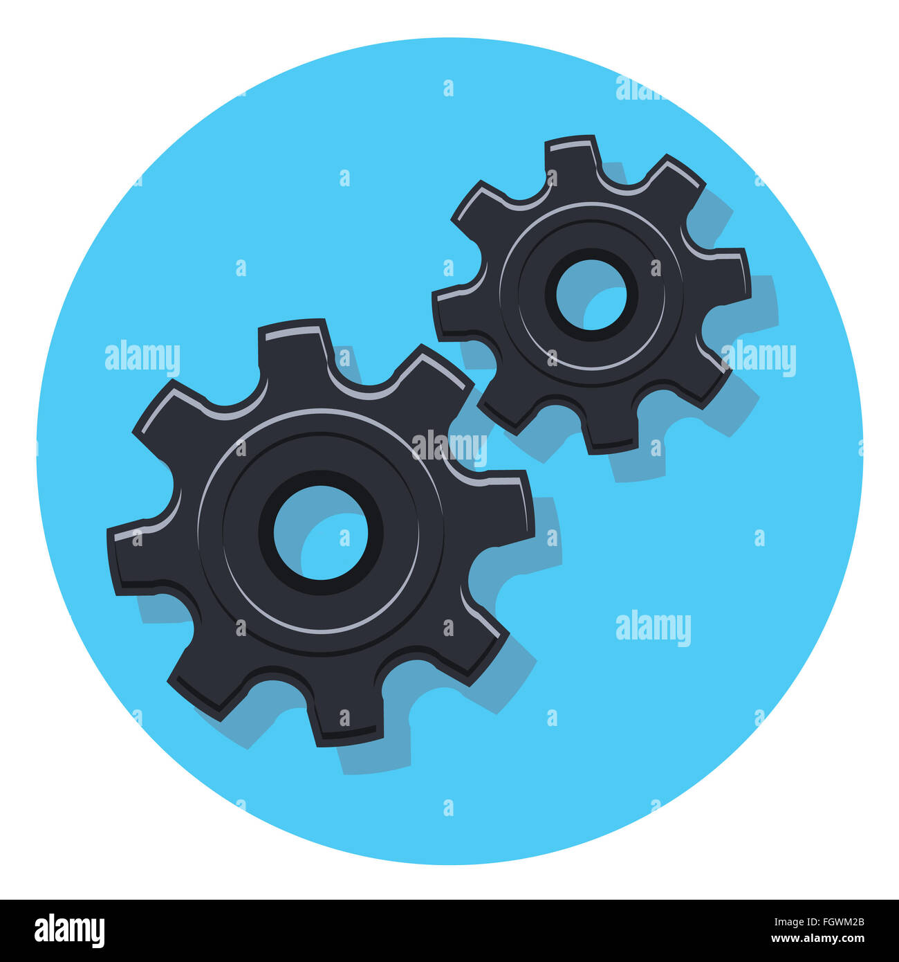 black gears icon in circle with shadow Stock Photo