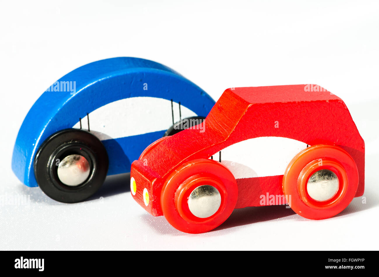 wooden red and blue car image isolated Stock Photo