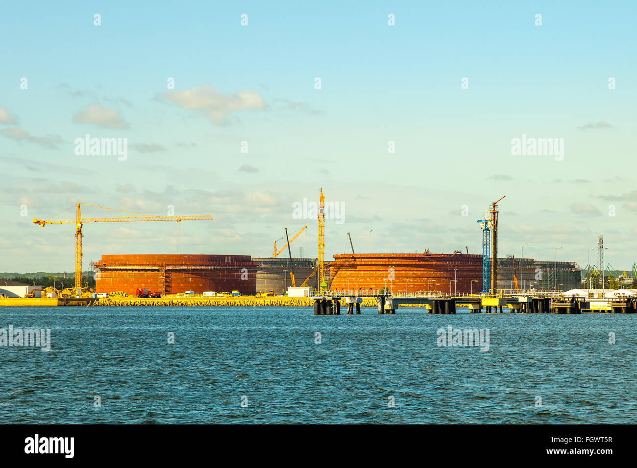 New oil storage tanks under construction in port of Gdansk, Poland. Stock Photo