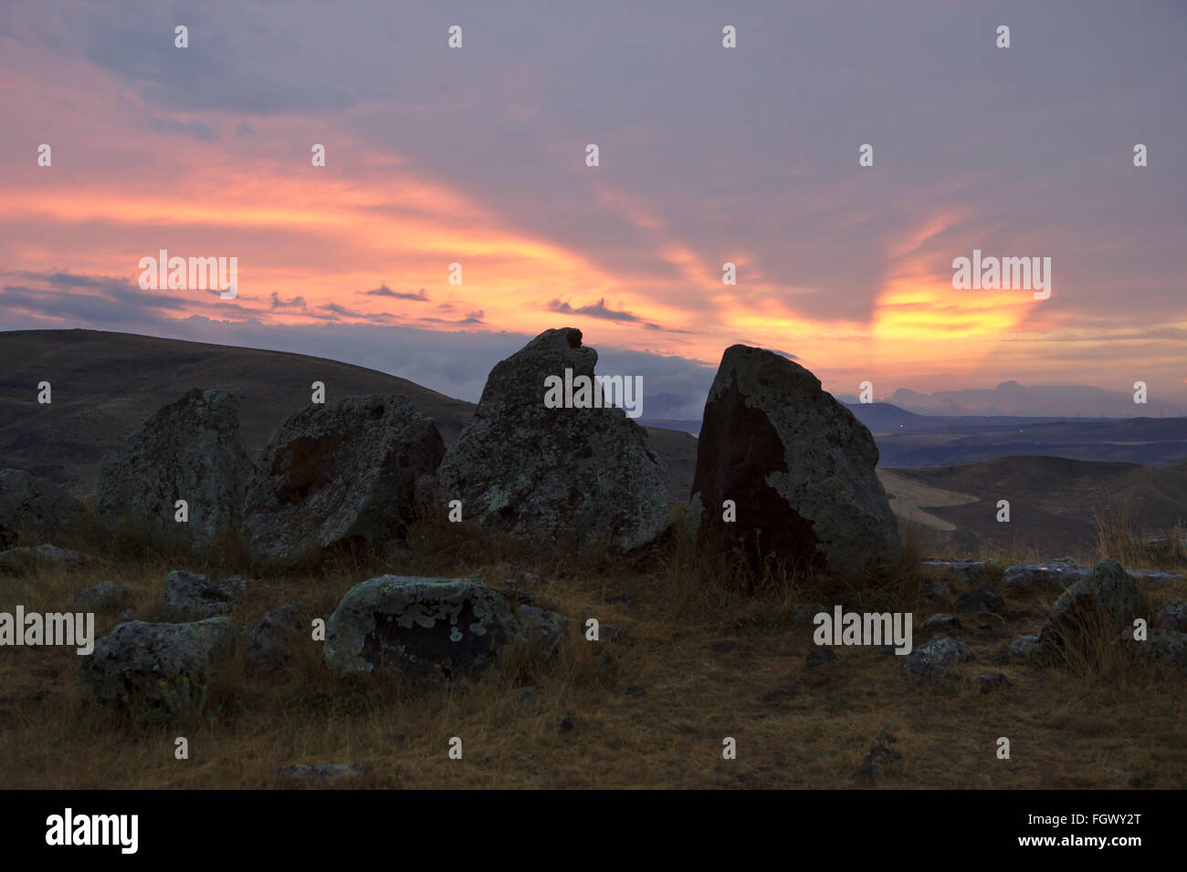 Sunset mood at Zorats Karer stone circle near Sisian in Armenia Stock Photo