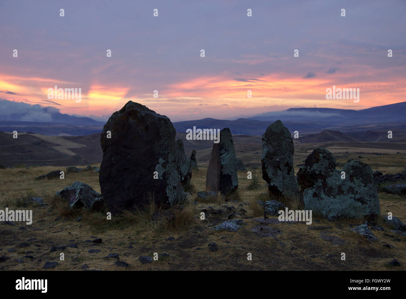 Sunset mood at Zorats Karer stone circle near Sisian in Armenia Stock Photo