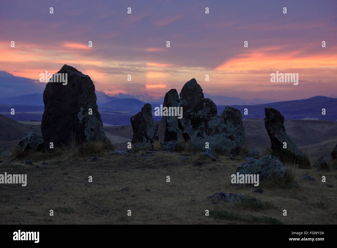 Sunset mood at Zorats Karer stone circle near Sisian in Armenia Stock Photo