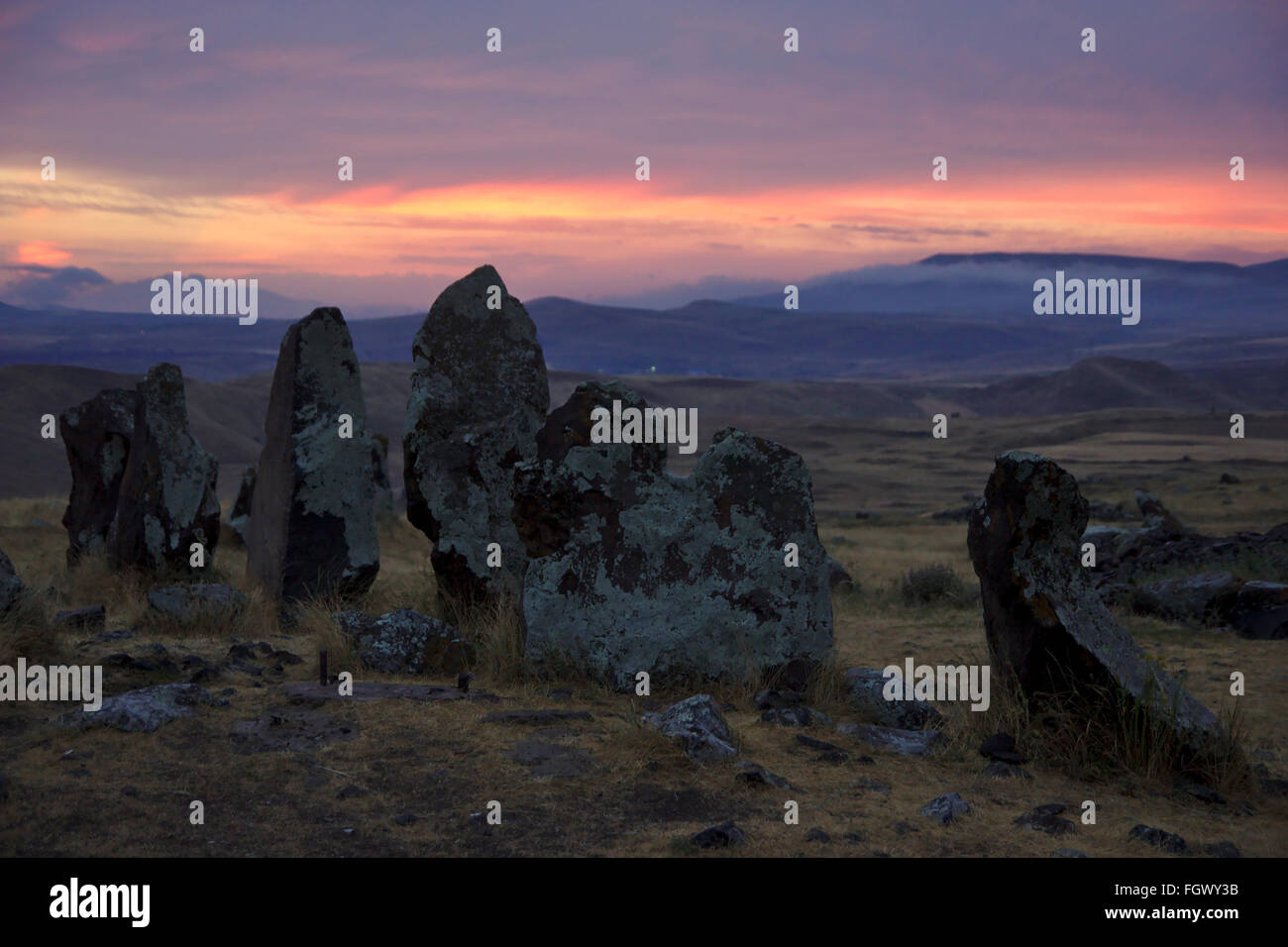 Sunset mood at Zorats Karer stone circle near Sisian in Armenia Stock Photo