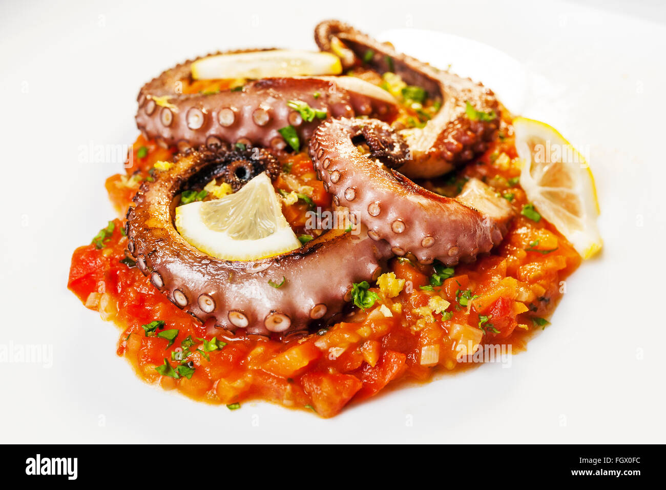 Octopus cooked on the grill, previously marinated in olive oil, oregano