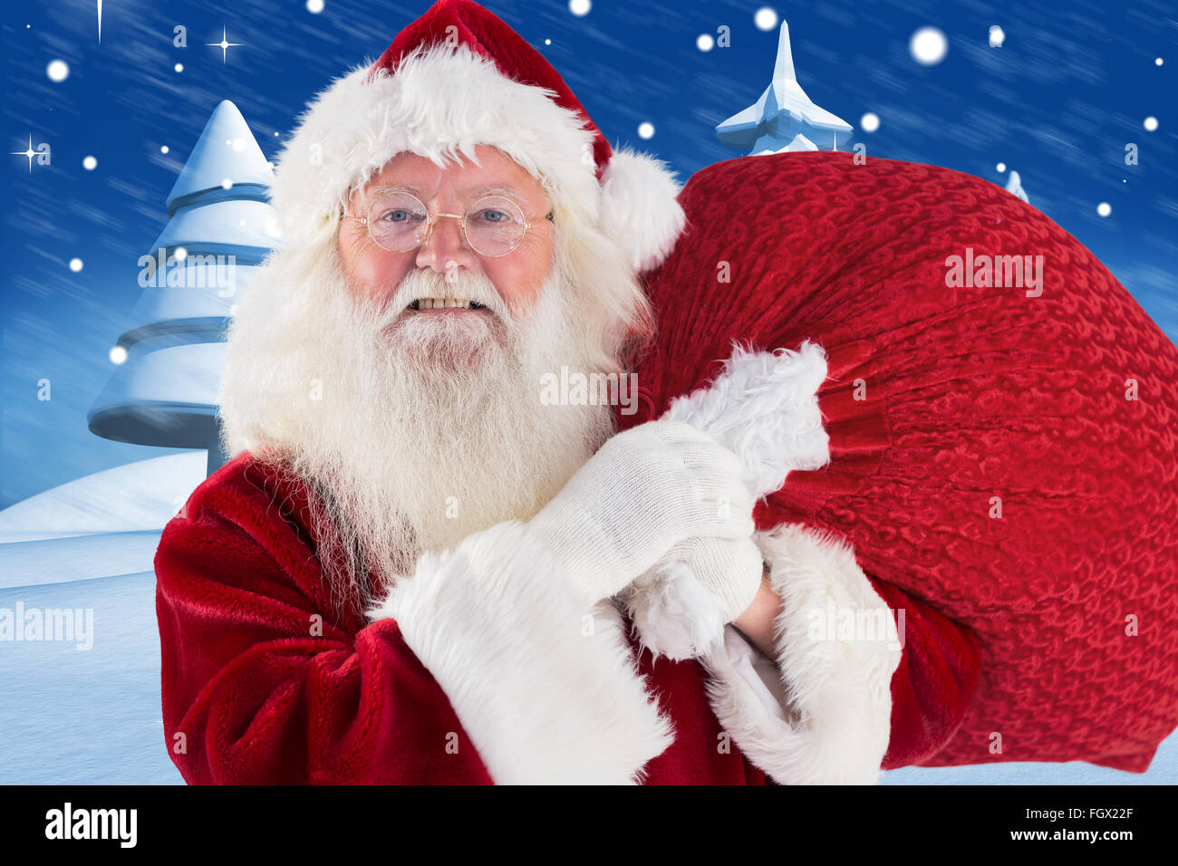 Composite image of jolly santa carries his sack Stock Photo - Alamy