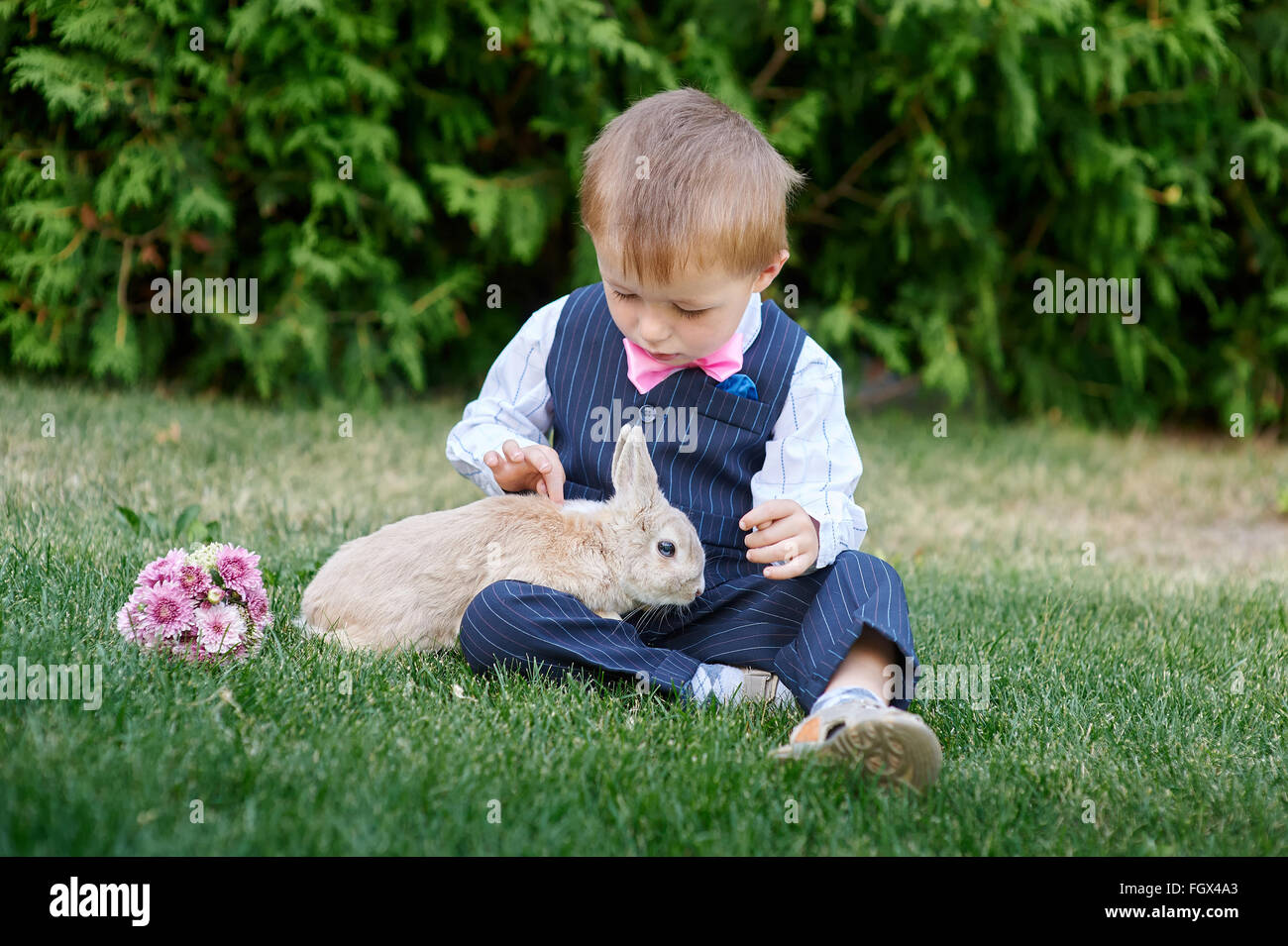 little boy in a suit playing with a rabbit on the grass Stock Photo