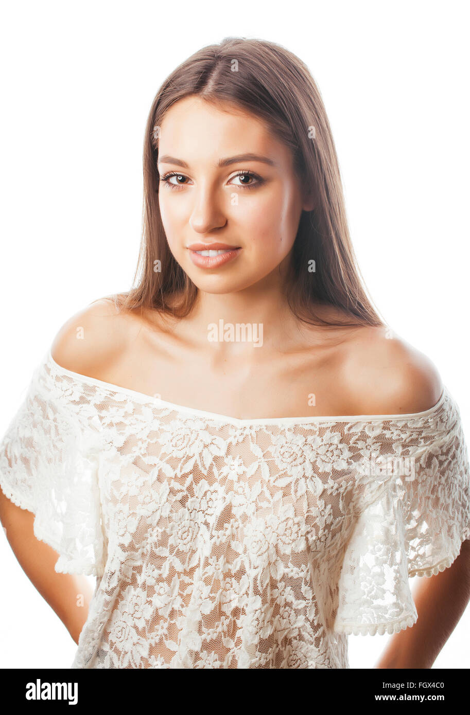 young beauty woman smiling dreaming isolated on white close up ...