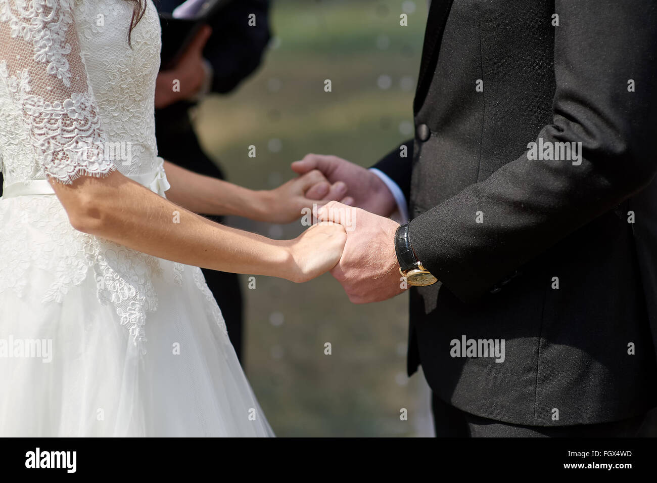 bride and groom holding hands in a summer park Stock Photo - Alamy