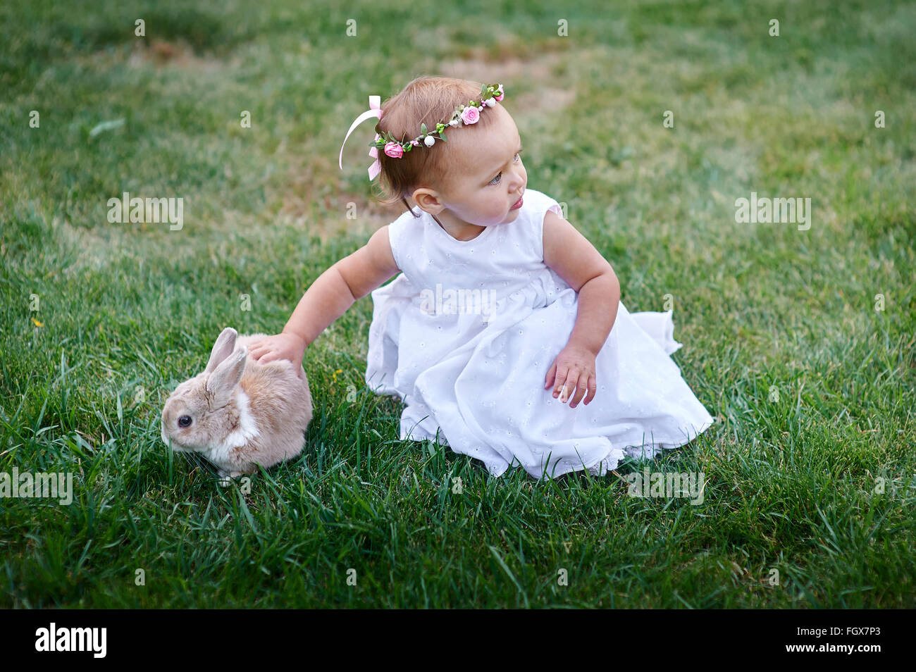 Little girl playing with a rabbit on the grass Stock Photo