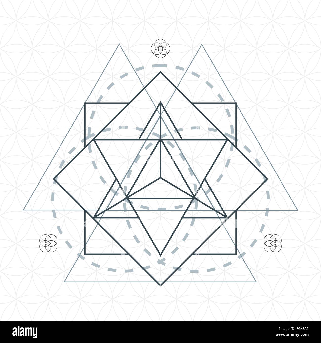 vector merkaba dark contour monochrome sacred geometry decoration flower of life circle isolated white background Stock Vector