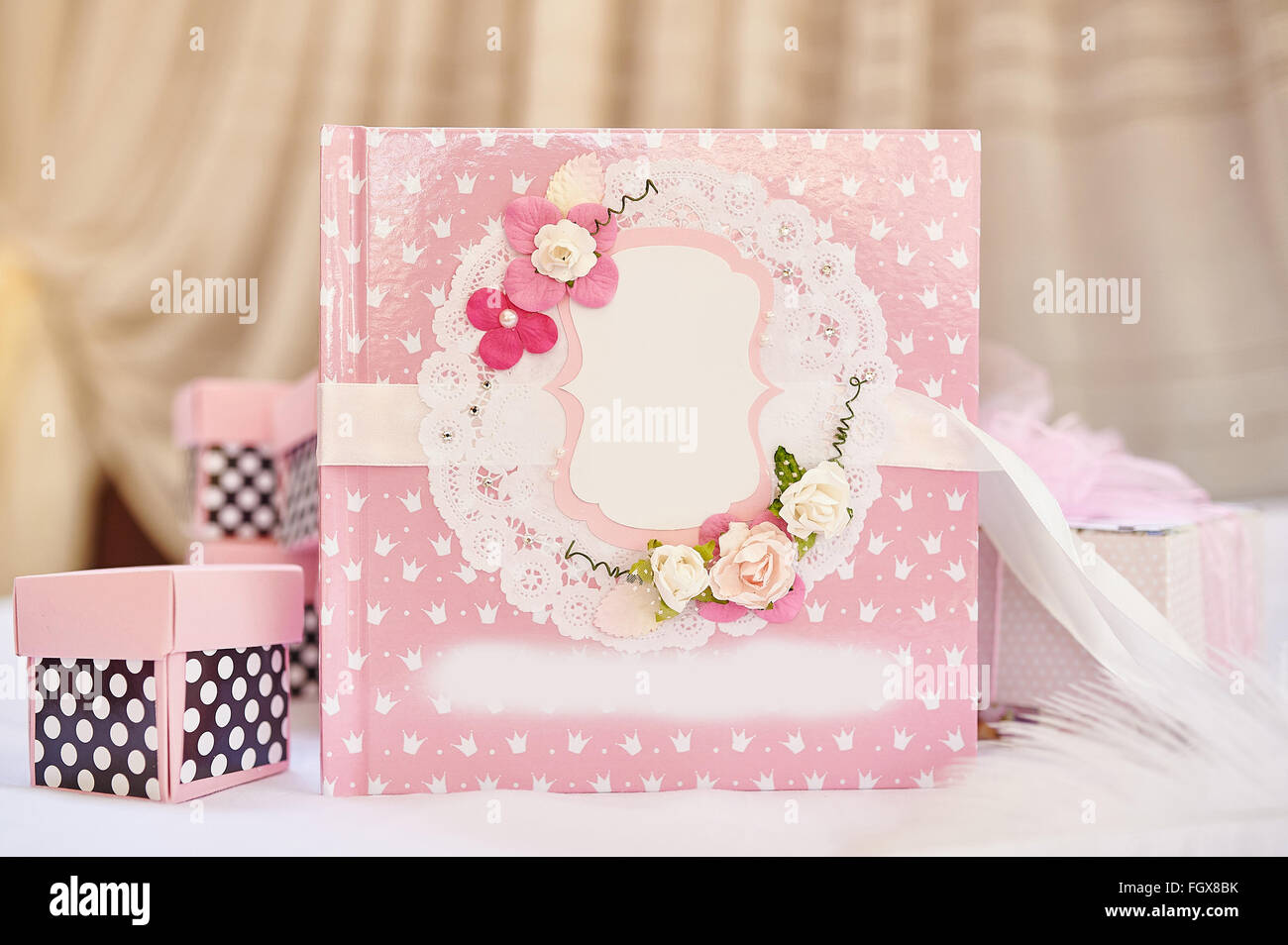 book for the newlyweds congratulation and beautiful wedding gifts for guests Stock Photo