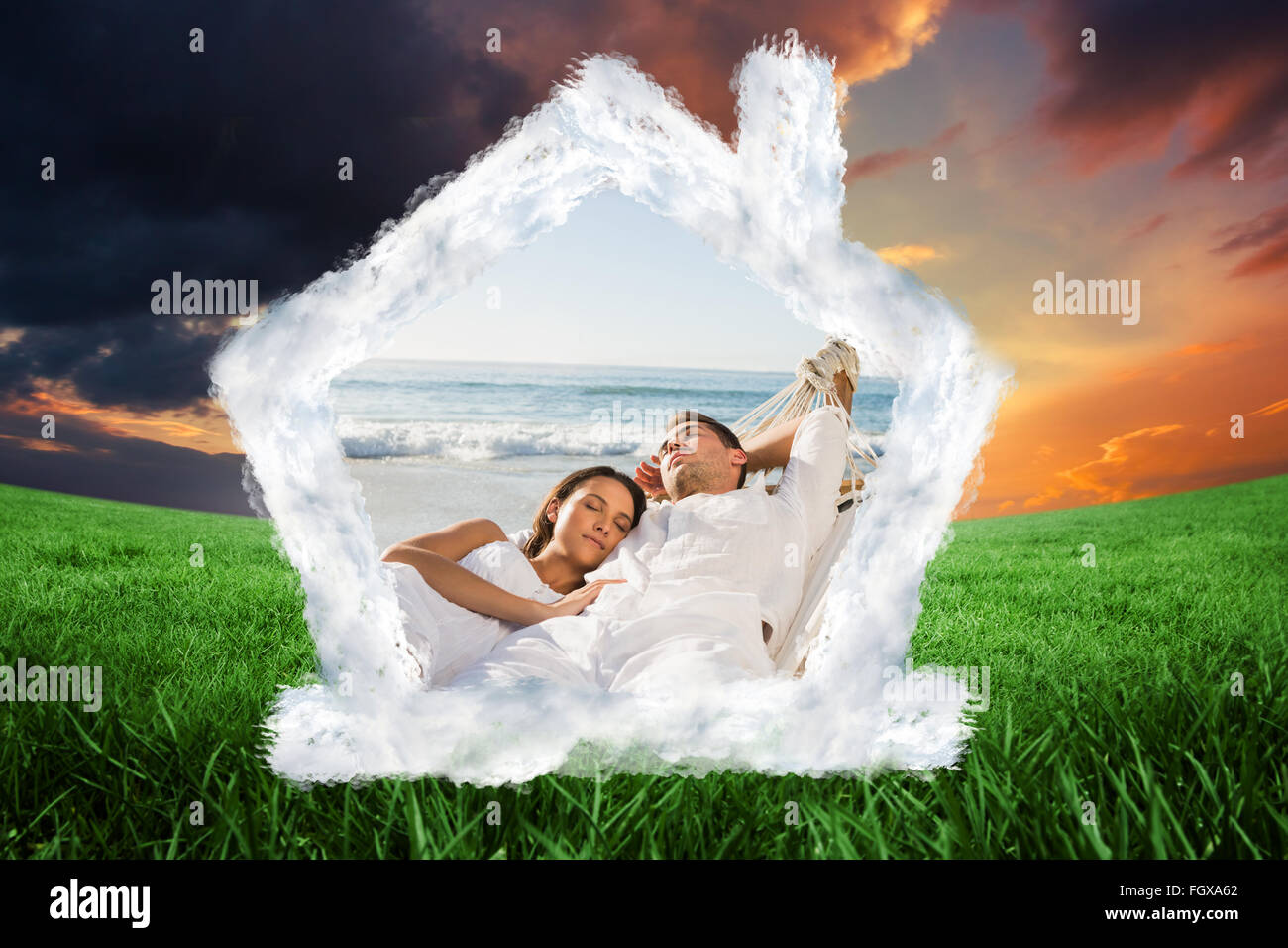 Composite image of calm couple napping in a hammock Stock Photo - Alamy