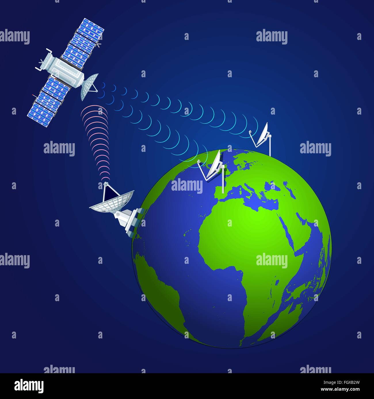 vector color flat design globe uplink dish antenna satellite module broadcasting signal concept illustration shadow isolated dar Stock Vector