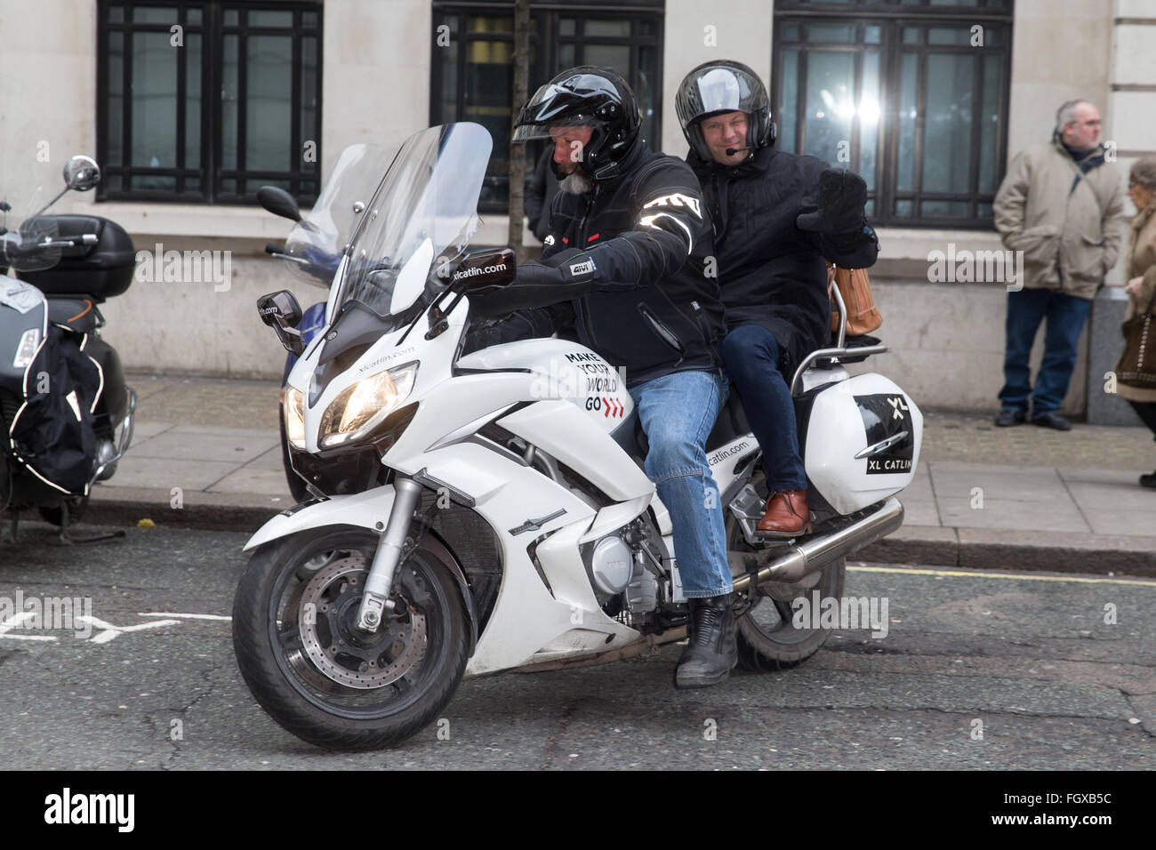 Dermot O'Leary pictured leaving the Radio 2 studio on a motorbike  Featuring: Dermot O'Leary Where: London, United Kingdom When: 18 Jan 2016  Stock Photo - Alamy