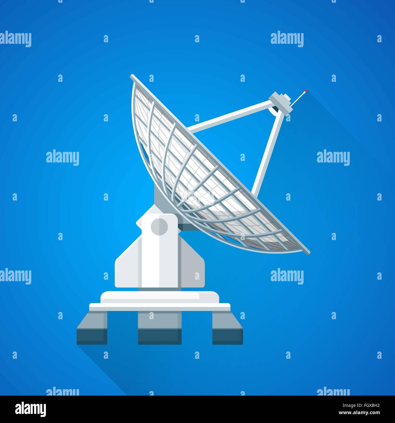 vector color flat design uplink satellite dish antenna illustration long shadow isolated blue background Stock Vector
