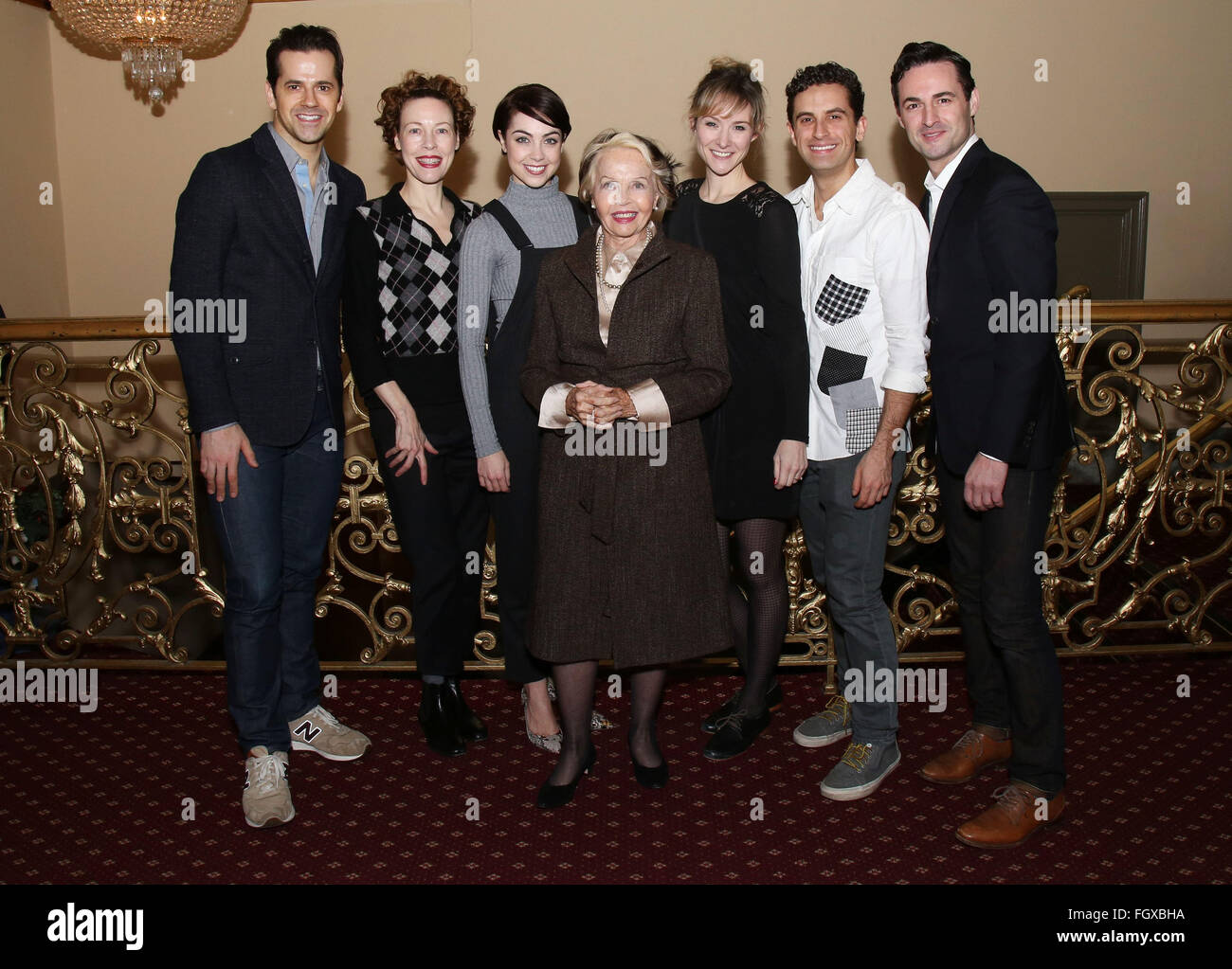 Media day with legendary musical film star Leslie Caron and the Broadway cast of An American in Paris at the Palace Theatre.  Featuring: Robert Fairchild, Veanne Cox, Leanne Cope, Leslie Caron, Jill Paice, Brandon Uranowitz, Max von Essen Where: New York, New York, United States When: 18 Jan 2016 Stock Photo