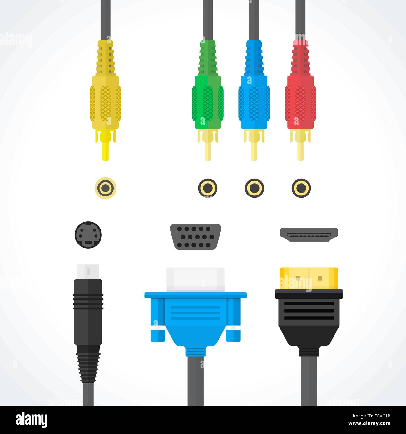 vector color flat design video connectors plugs S-Video RCA component HDMI VGA port illustration collection isolated white backg Stock Vector