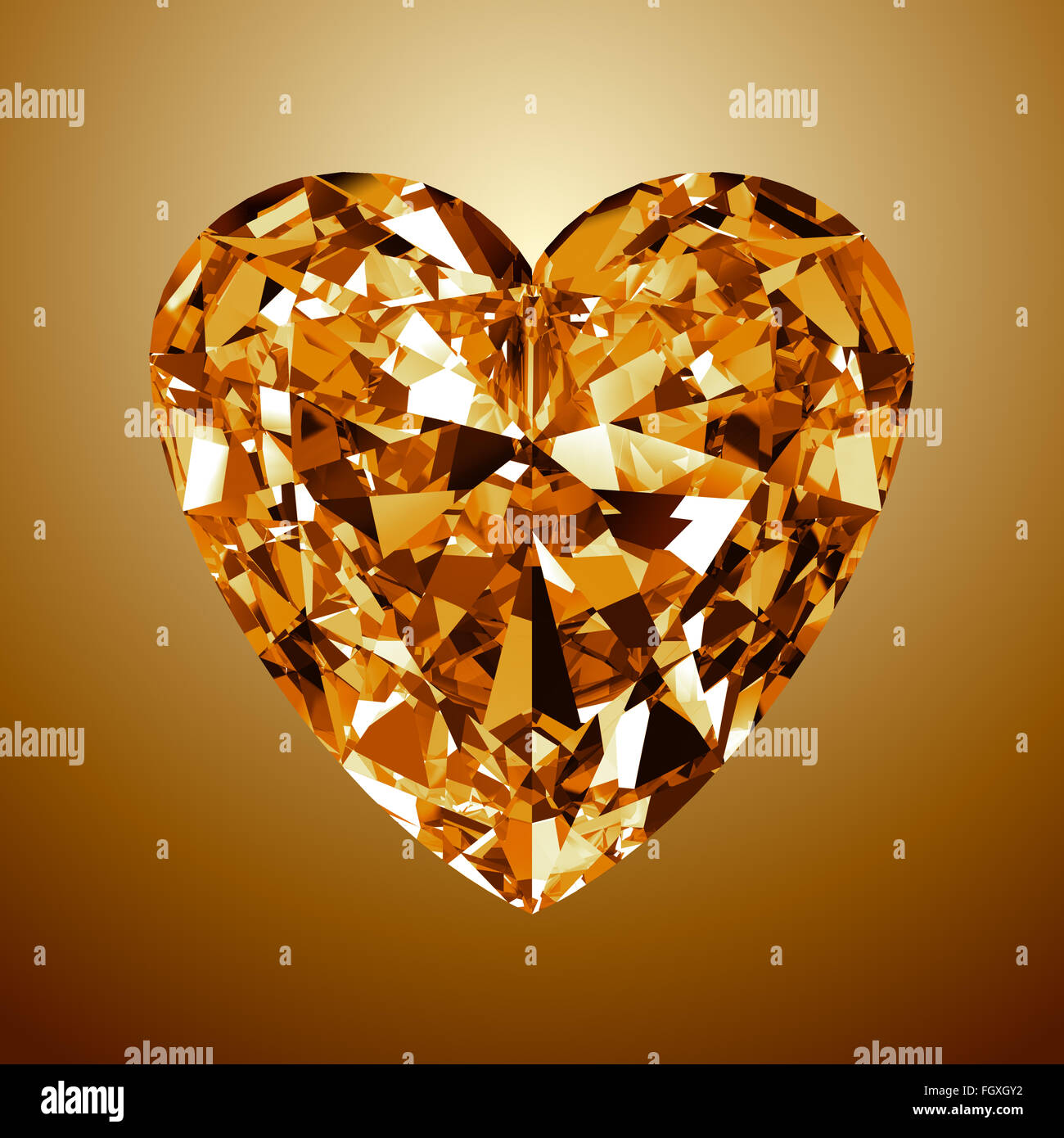 Yellow Diamond Heart. 3D Model On Yellow Background. Stock Photo