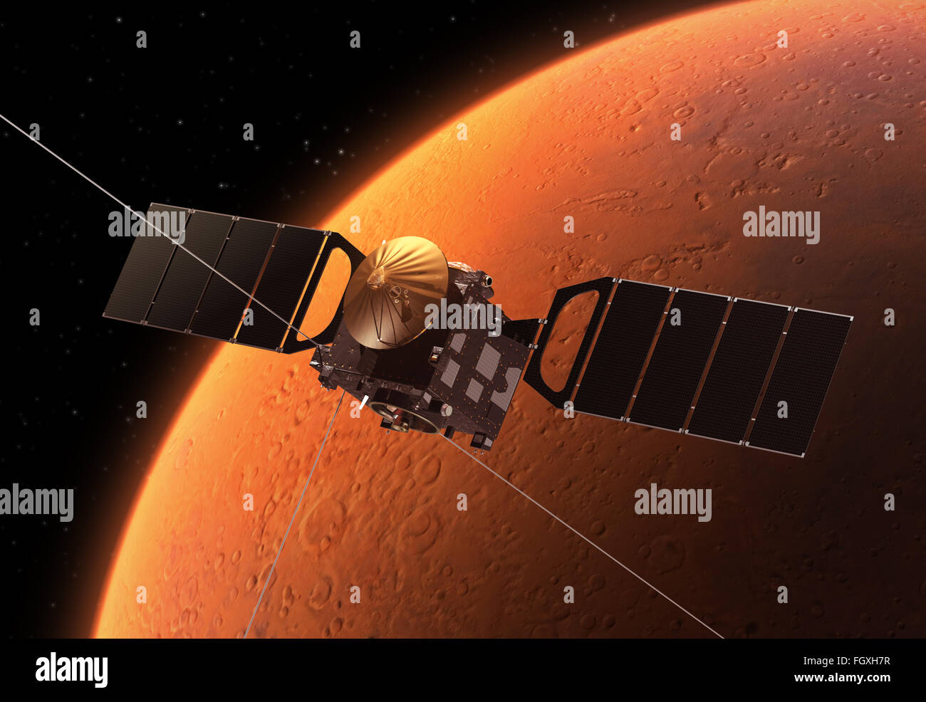 Interplanetary Space Station Orbiting Planet Mars. 3D Scene. Stock Photo