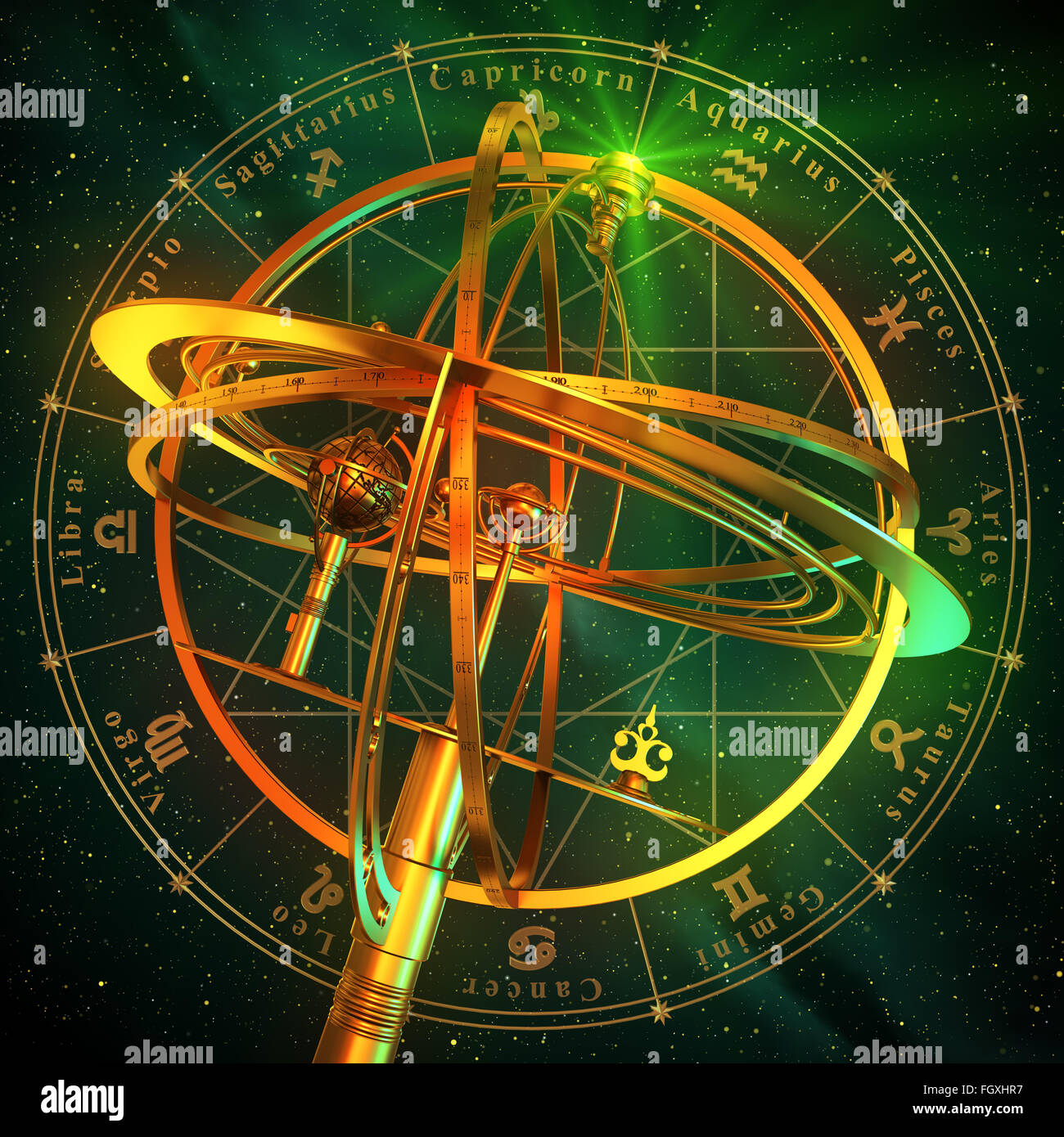 Armillary Sphere With Zodiac Symbols Over Green Background. 3D Scene. Stock Photo
