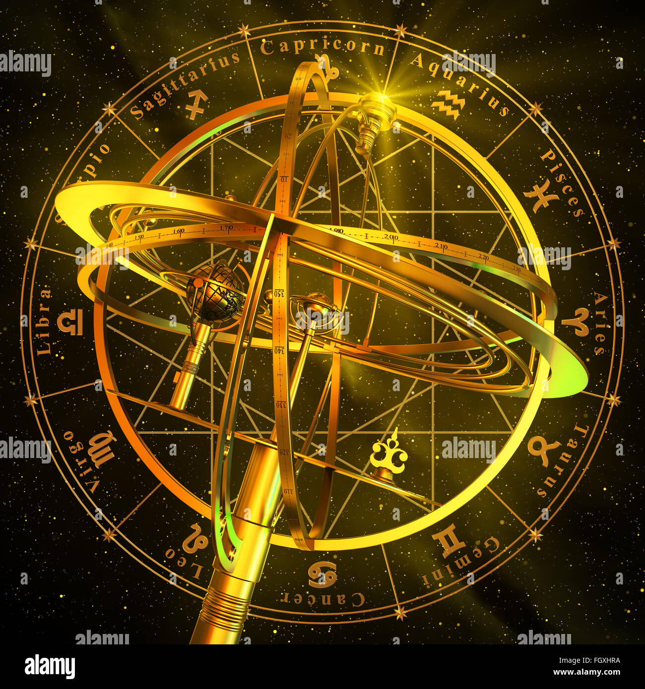 Armillary Sphere With Zodiac Symbols Over Black Background. 3D Scene. Stock Photo
